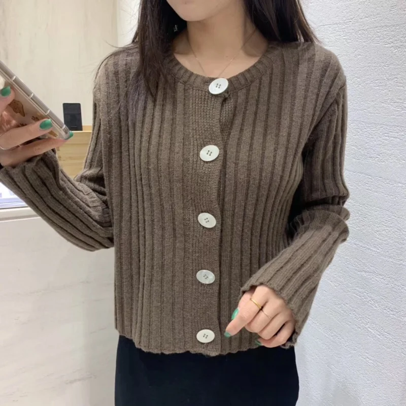 

Fashion solid color round neck single-breasted long-sleeved loose sweater cardigan