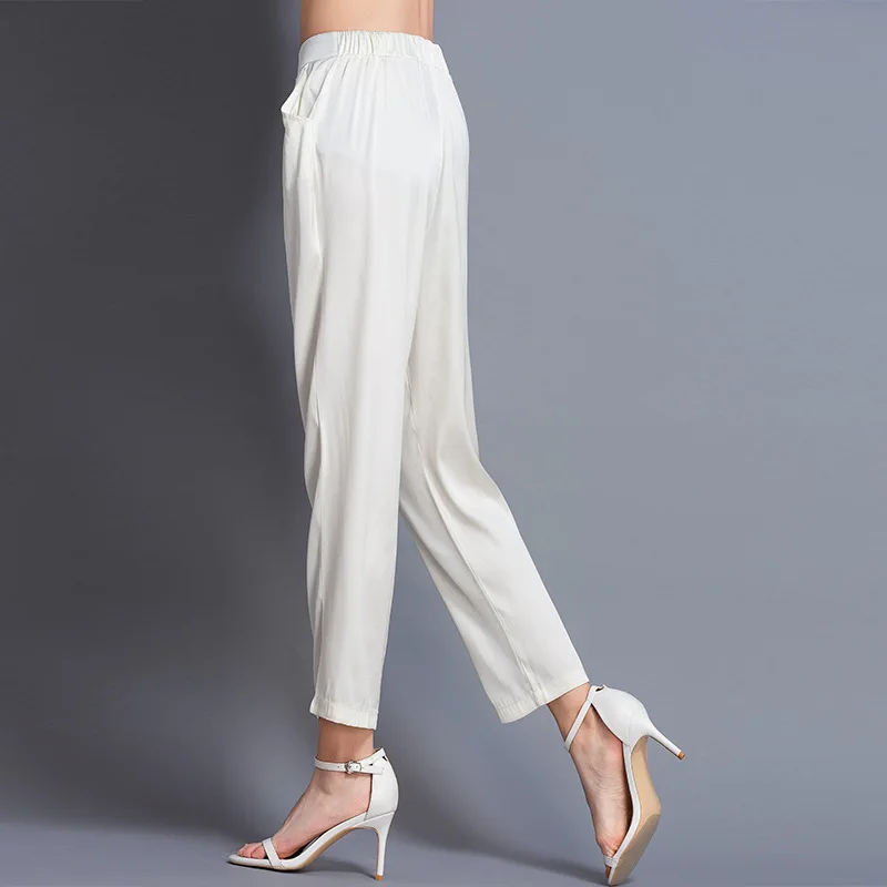 Шелковые брюки тутового цвета эластичные брюки длиной до щиколотки с высокой талией женские летние тонкие классические свободные шаровары 1903166
