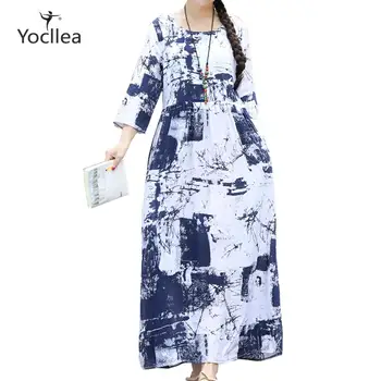 

Retro Cotton and Linen Print Dress Women 2020 beach holiday Summer dress 3/4 sleeve large size ladies long dresses Robe
