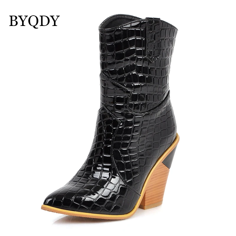 BYQDY Plus Size 34-46 Woman Embossed Western Boots Thick High Heeled Autumn Boots Casual Shop Party Boots For Girlfriends Shoes