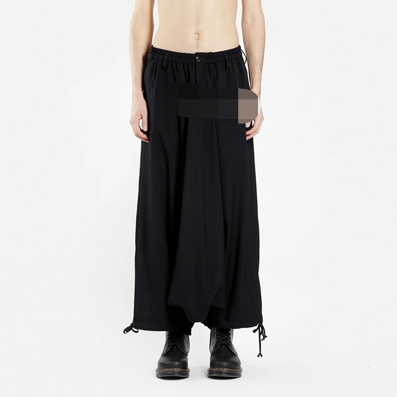 Men's Culottes Casual Pants Wide Leg Pants Spring And Autumn New Black Elastic Waist Fashion Pants Leg Drawstring Straight Pants