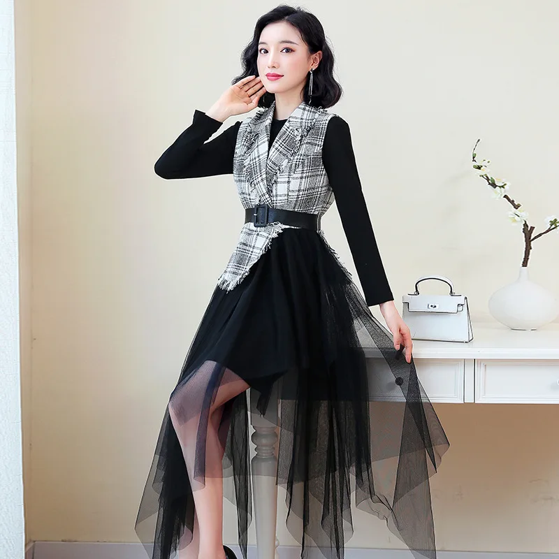

Dress Asymmetric Skirt 2019 Autumn Two-Piece Set Pullover High-waisted Plaid Stitching
