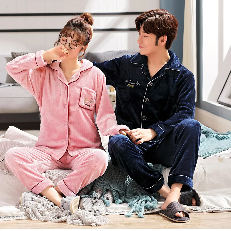 

1320 # Lettered Rose Pocket Pink And Blue HS Cardigan Couples Korean-style plus Velvet Long Sleeve Pajamas Homewear Set