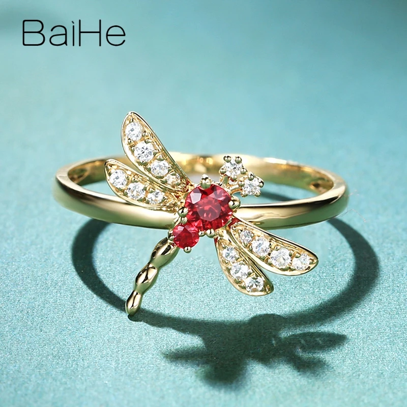 Yellow Gold BAIHE Твердое 14 к желтое золото 0.10ct Rubis 0.10ct Белый сапфир 0.01ct Бриллианты Женские свадебные модные ювелирные изделия кольцо со стрекозой - Цвет камня: Yellow Gold