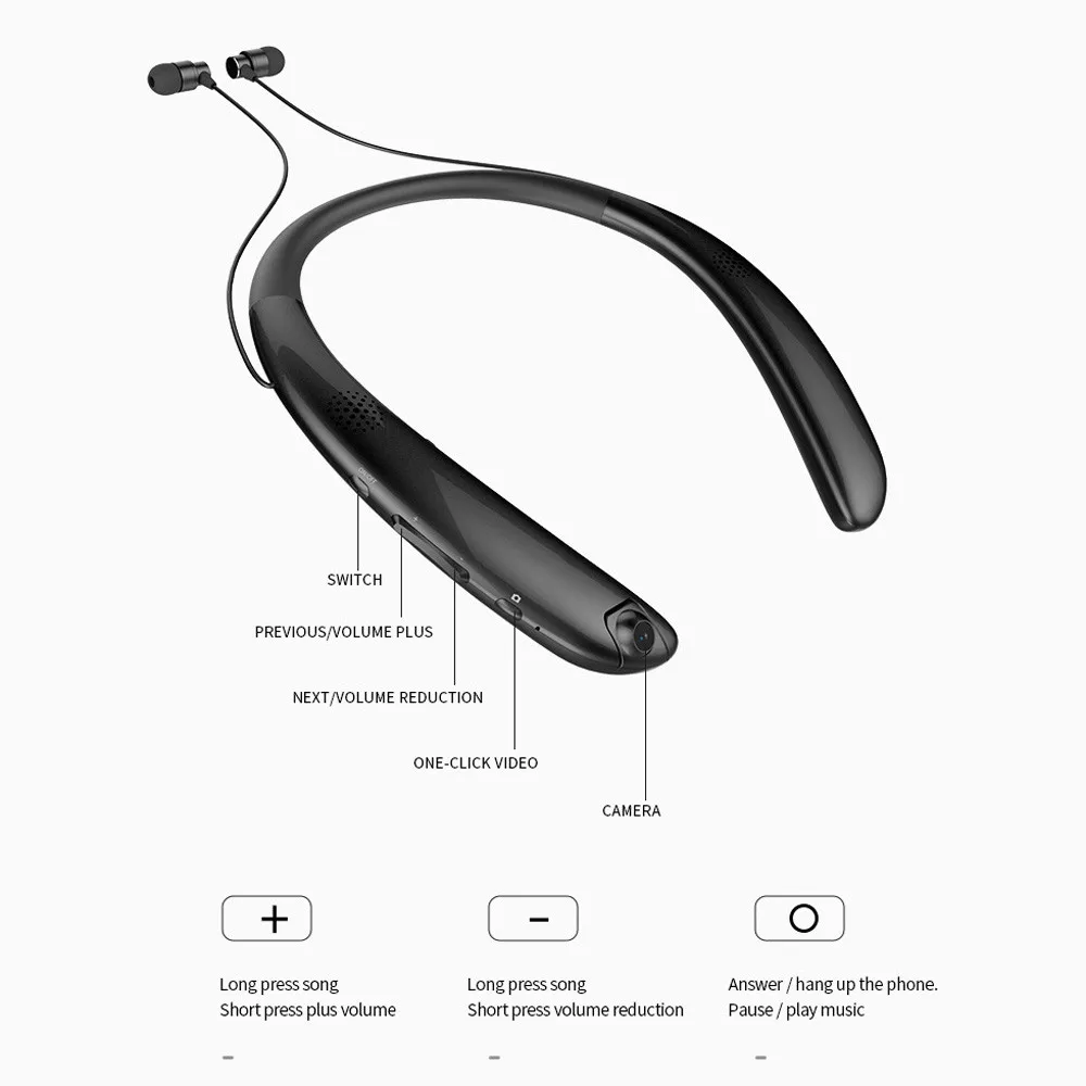 Bluetooth наушники стерео Спортивная Выдвижная Шейная беспроводная гарнитура с камерой с Bluetooth 4,1, встроенный HD микрофон