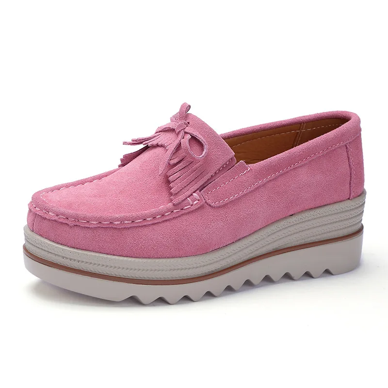 Качественная женская обувь на плоской подошве; кроссовки на платформе; слипоны на плоской подошве; Кожаные Замшевые женские лоферы; мокасины; Весенняя Повседневная обувь; криперы - Цвет: Tassel Pink