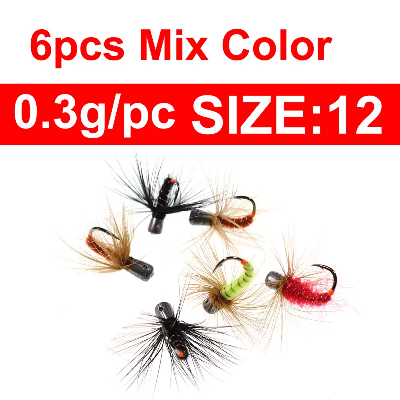 6pcs size12 Mix 6 шт., 1 г, 0,8 г, 0,5 г, 0,3 г, Утяжеленный багги, червь, для ловли со льдом, приманки, Джиги, быстро тонущие, Нимфа, приманки в виде мух для зимней нортлендской рыбалки - Цвет: 6pcs size12 Mix