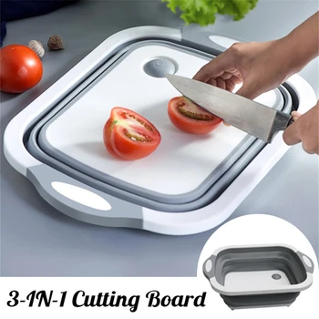 

Multi-function Folding Cutting Board 3-In-1 Kitchen Foldable Drain Basket Chopping Blocks Wash Basket Kitchen Storage Organizer