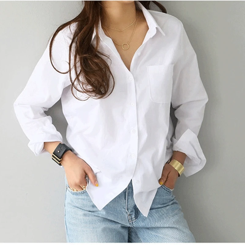 

White Blouse Women 2021 Spring New Long Sleeve Turn Down Collar Shirts Loose Plus Size Simple Solid Color Ladies Casual Top Sale