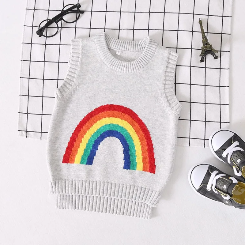

Childrenswear New Style 2019 New Products Korean-style Children Pure Cotton Cartoon Vest Sweater Rainbow Waistcoat Baby Knitted