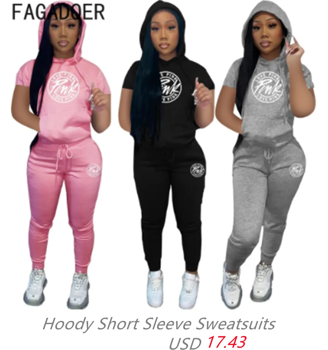 womens pant suit set FAGADOER Women Casual PINK Letter Print Two Piece Sets Female V Neck Long Sleeve Top And Legging Pants Tracksuits Outfits 2022 women's formal pant suits for weddings