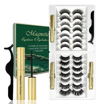 

14Pairs Eye Lashes Magnetic Eyelashes and Eyeliner Set False Eyelashes Magnet Extension Liquid Eyeliner & Tweezer Set Waterproof