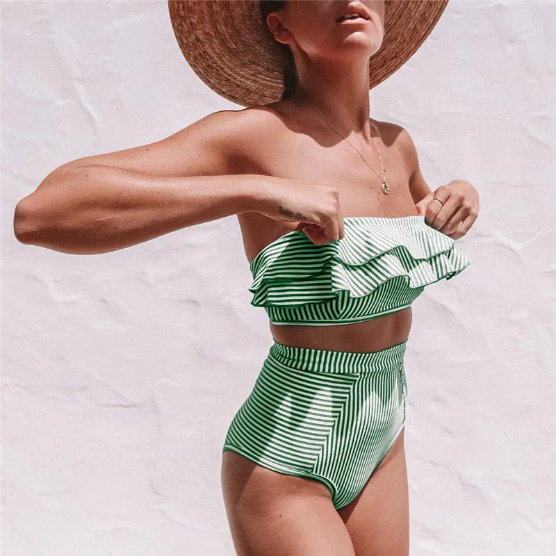 Сексуальный купальник бикини с высокой талией, женский купальник в полоску с оборками, комплект бикини с открытыми плечами, бандо, купальный костюм, летняя пляжная одежда - Цвет: Зеленый
