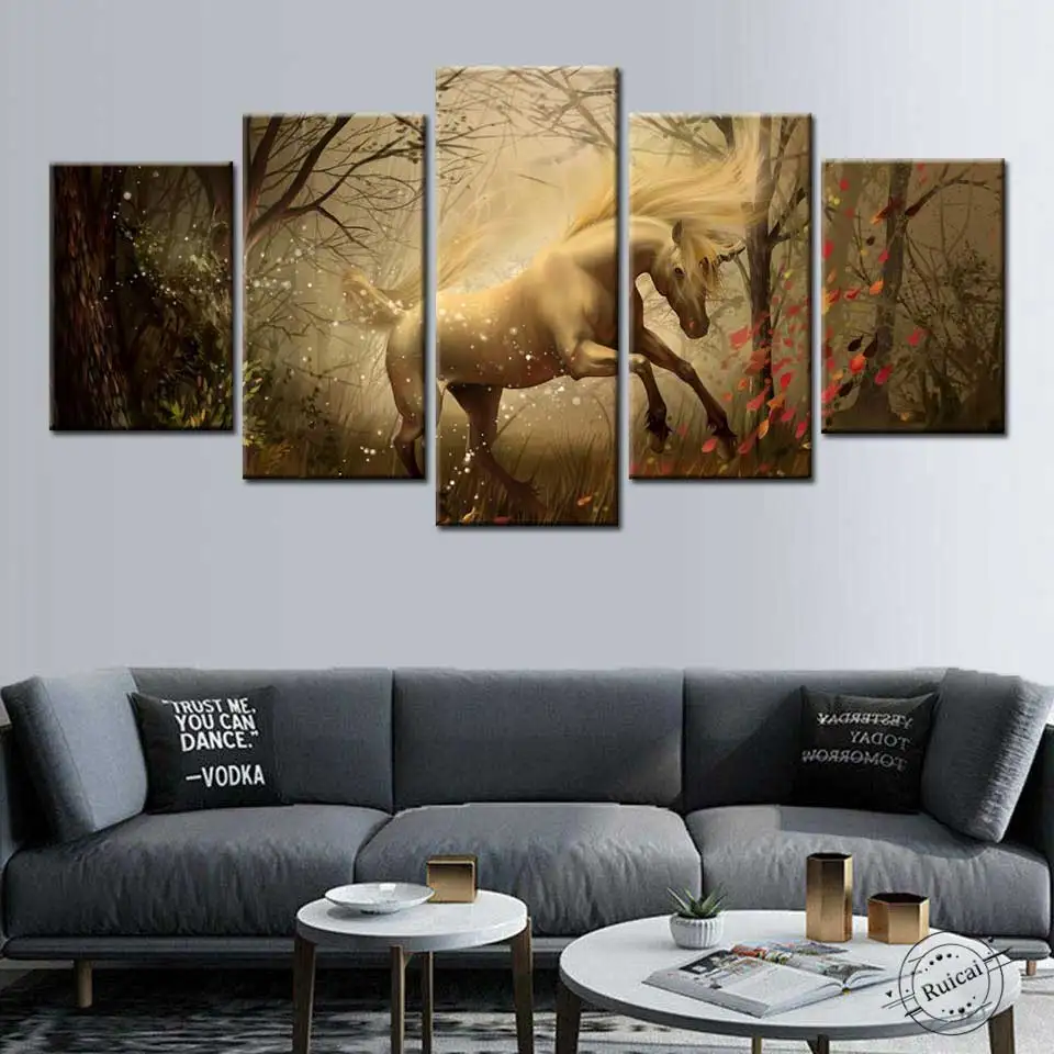 

5 piece canvas art Modern Cartoon Unicorn abstract Painting Posters and Prints Forest Picture Animal Wall Art Home decoration