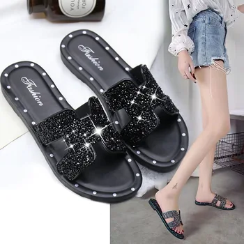 

Glitter slippers women summer beach shoes lazy flipflops flat ladies slippers 2020 new arrival womens slides