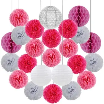 

Decoration 26pcs/Set 8" 10" 12" Gold Paper Lanterns Baby Boy Girl Shower Party Favor Pink Beige Pompoms