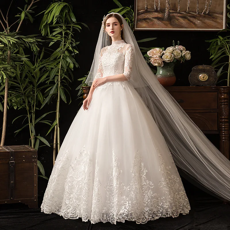 Это свадебное платье YiiYa es для женщин, свадебное платье с высоким воротником, элегантное кружевное платье с вышивкой и коротким рукавом, Vestido De Novia D39