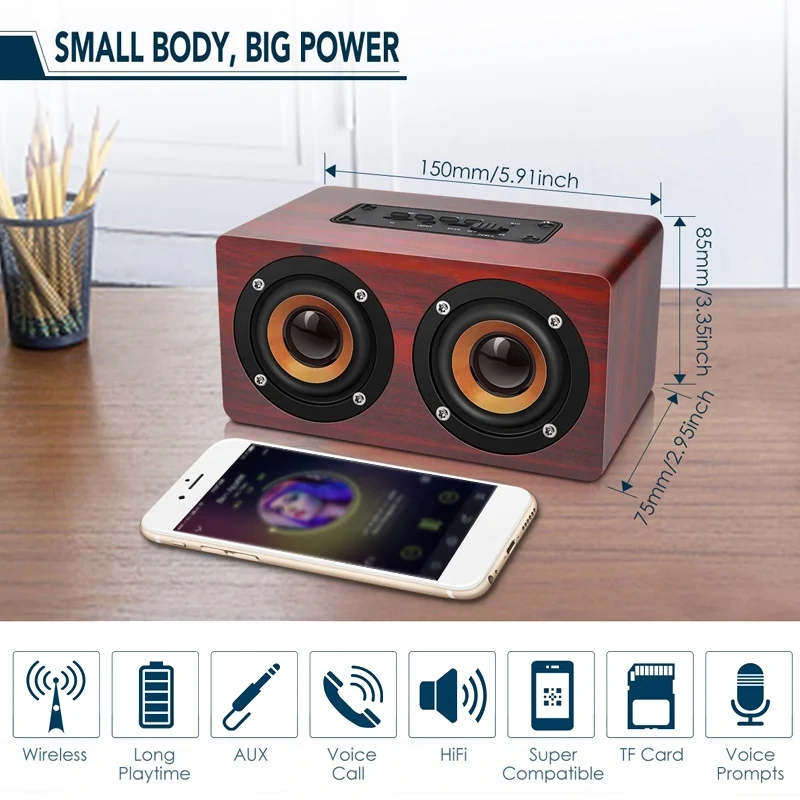 Деревянные Винтаж прочный Беспроводной Bluetooth Динамик Портативные Hi-Fi плееры шок бас руки-бесплатно