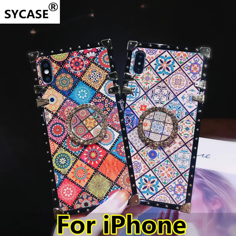 

SYCASE Luxury blu ray square Phone Case with ring For iPhone XR X Xs 11 Pro Max 6 6S 7 8 Plus Case Exotic national Styles Cover