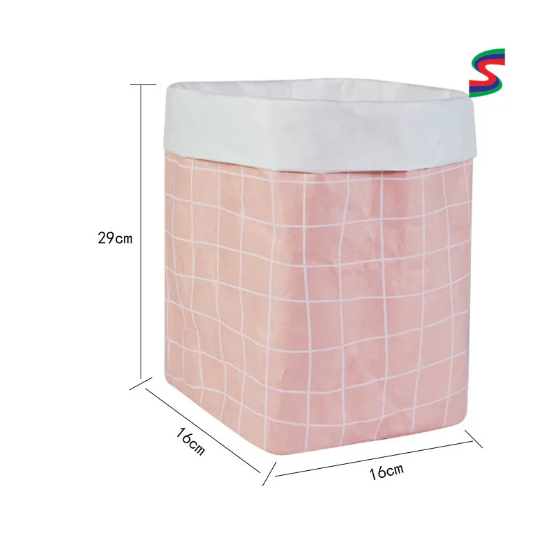 Irregular Plaid Drawstring Top Kraftpaper Waterproof Customizable Laundry Basket/shou na lou Double-Sided DuPont Paper