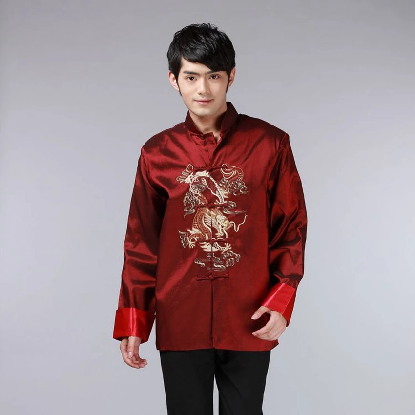 8 цветов, китайская рубашка, традиционная китайская одежда для мужчин, китайский топ для мужчин, костюм Танг, дракон, атласный костюм с длинными рукавами, Ретро стиль