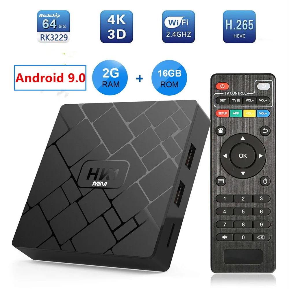 HK1 Мини Смарт Android 9,0 ТВ коробка Rockchip RK3229 2G ram 16GB rom Netflix Youtube 4K Google Play IP tv медиаплеер