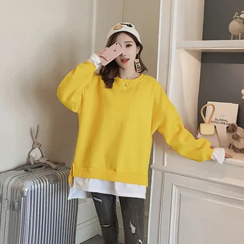 

Autumn Kpop Multi Color Loose Fit Women Sweatshirt Long Sleeve O Neck Harajuku Style Mock Two Piece Hoodiefree Shipping 2020