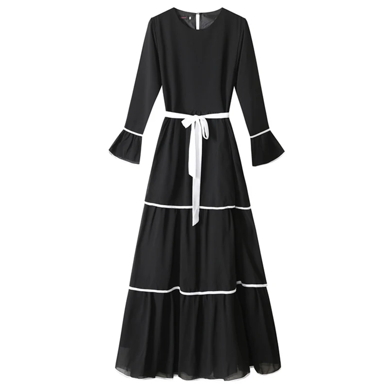 Black dress Siskakia, мусульманское женское платье, белое, с круглым вырезом, расклешенное, с длинным рукавом, многослойное, нарядное платье, модное, черное, белое, хит, цвет, макси, платья, осень - Цвет: Black dress