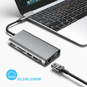 

12-in-one Type-C Docking Station USB Hub with Dual 4K HDMI/USB3.0/USB2.0 Port TF/SD Card Slot