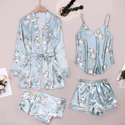 2021 Summer New Women's Pajamas, Comfortable Ice Silk Four Piece Set, Sexy Suspender, Long Sleeve Robe, Silk Home Suit