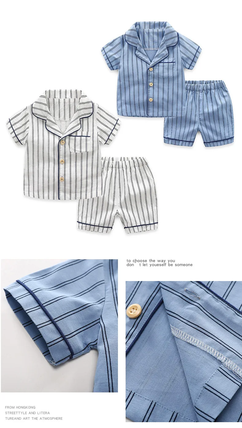 2021 Spring Autumn Boys Button Down Pajamas Kids Toddler Striped Sleepwear PJs Set Lounge Wear Clothing Sleepwear & Robes	