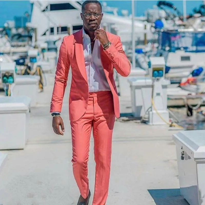 39Coral Casual Men Suits 2019 Slim Fit Wedding Tuxedos Shawl Lapel Groom Wear 2PCS Bridegroom Suits Groomsman Prom Blazer