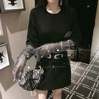 

2019 New Heavy Hot Drill Sparkling Removable Sleeve Fake Two Piece Long Sleeve T-Shirts Women Black Shirt Loose Tops