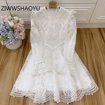 

ZIWWSHAOYU Female Fashion Runway Summer Party white Dresses Women's Elegant Organza Hollow Out embroidery Sexy Short Dress 2020