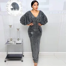 

Popodion evening dresses long African women's Christmas sequined V-neck evening gown ROM80161