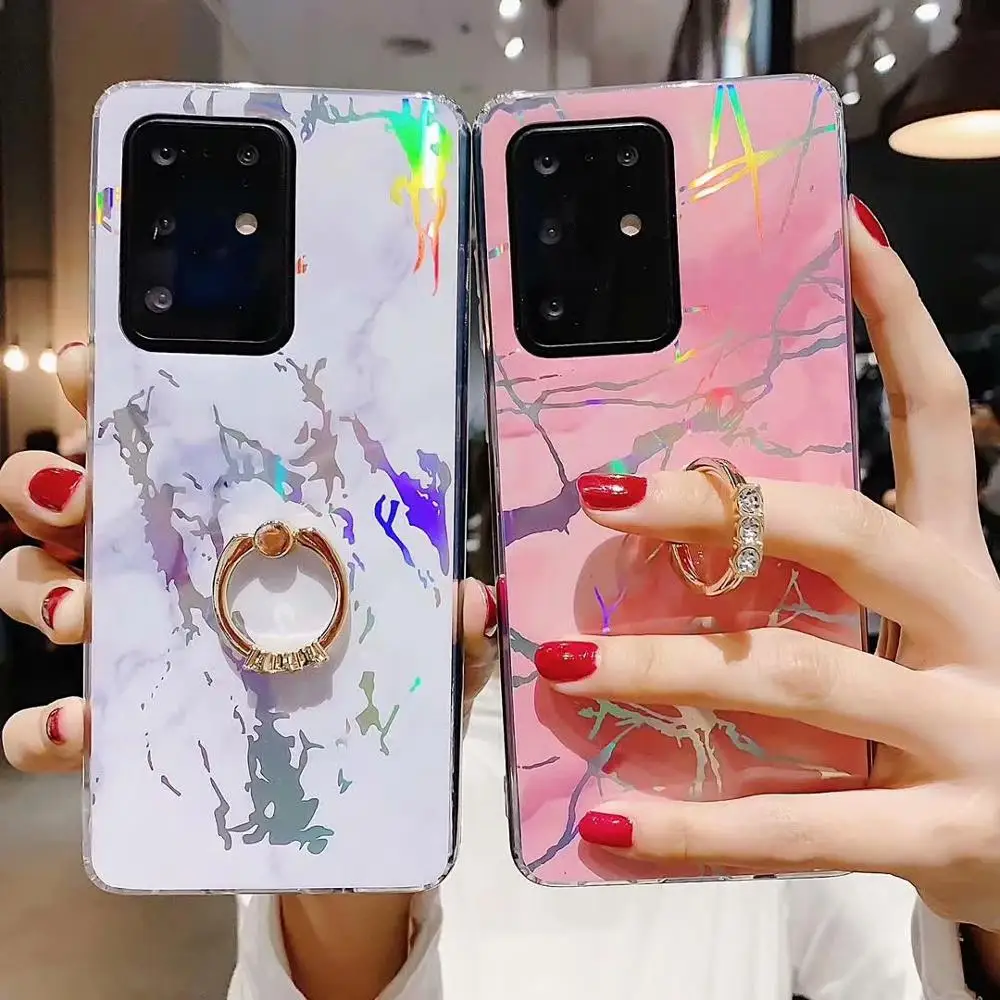

Laser Marble Granite Stone Marble Texture Phone Case For Samsung Galaxy S20 + S20 Ultra Note10 Ring Holder Stand Soft Back