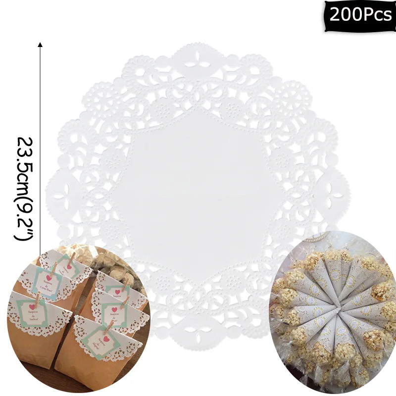 200pcs 9.2inch 200 шт Свадебные настольные декоративные салфетки бумажные кружевные круглые белые салфетки для торта крафтовые подставки подарочные обертки бумажные принадлежности - Цвет: 200pcs 9.2inch