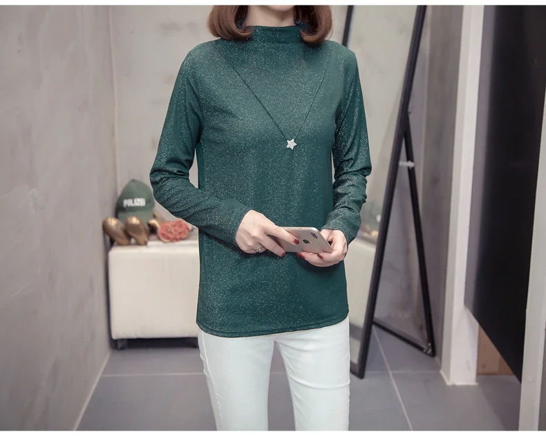 Plus Size Bright Silk Tops Tee Shirts Women 2020 Autumn Trendy Turtleneck Long Sleeve Office Lady Basic T-shirts Oversize Tshirt