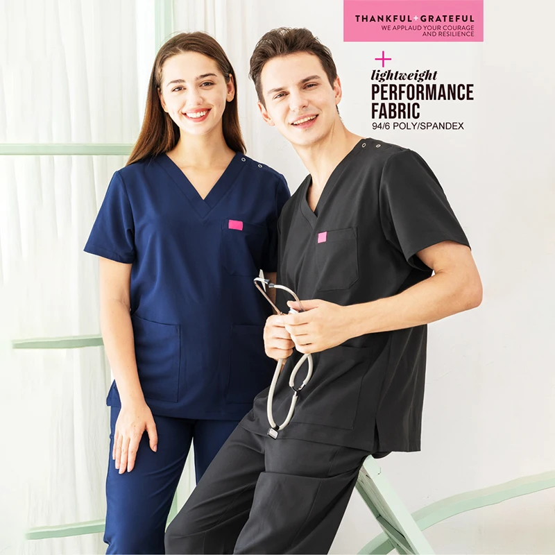 

Unisex Black Nurse Medical Scrub Uniform Set 4-way Stretch Top and Pant Workwear Polyester Spandex Doctor Outfit Suit 18SS066