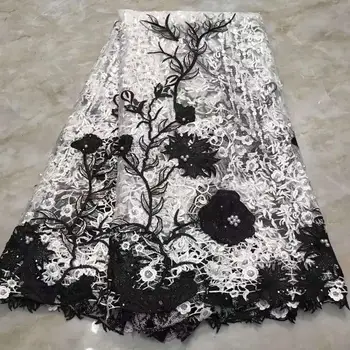 

Black white 2020 High Quality Nigerian Tulle Lace Fabrics Latest Beaded Mesh African Lace Fabric Bride French Net Lace Fabric