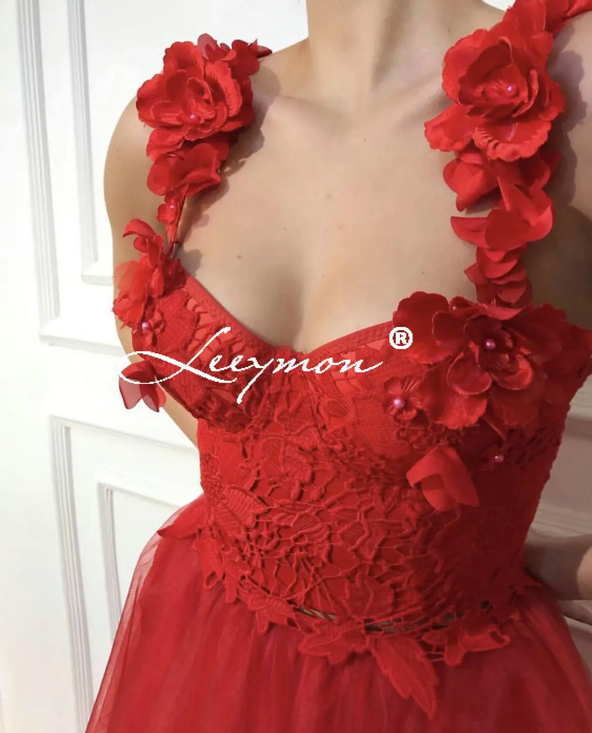 Leeymon/красное вечернее платье из тюля с цветами и жемчужинами, вечерние платья с коротким шлейфом, длинное платье