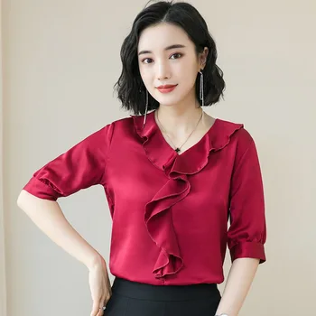 

Formal shirts woman Chiffon Ruffles V-Neck shirts blouse women 2020 Regular solid women's blouses Half slim elegant Office Lady