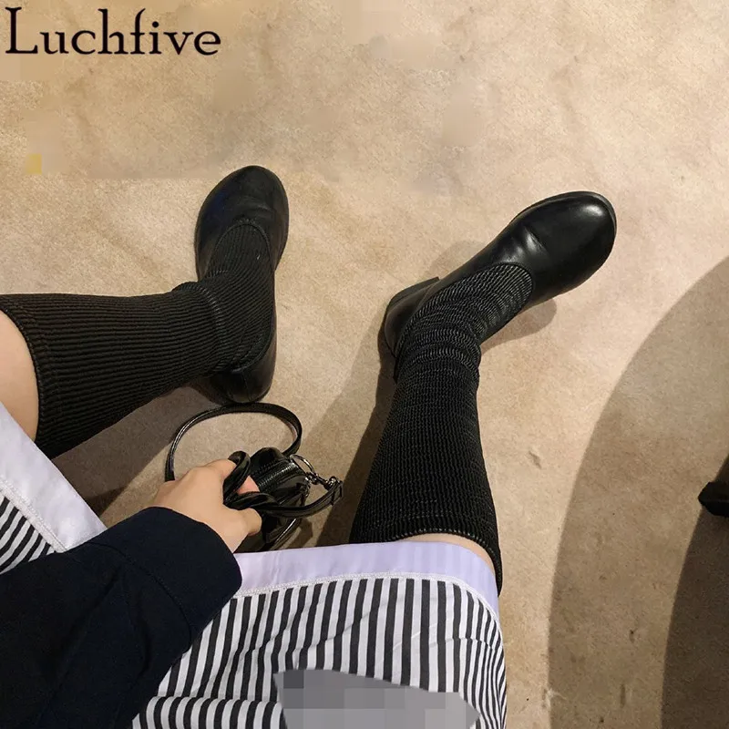 Luchfive; эластичные ботинки; женские ботинки черного цвета с круглым носком; Femme; Подиумные женские ботинки с высоким голенищем; женская обувь на низком каблуке