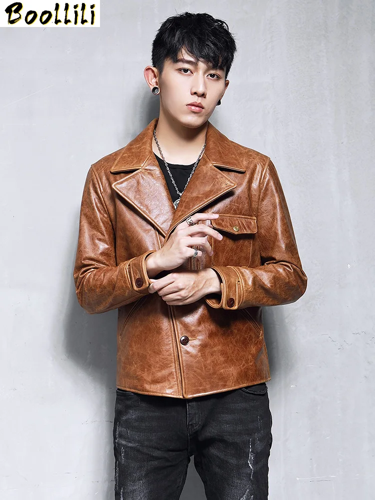 

Boollili Men's Genuine Leather Jacket 100% Real Cow Leather Jacket Men Biker Motorcycle Leather Blazers Slim Coat