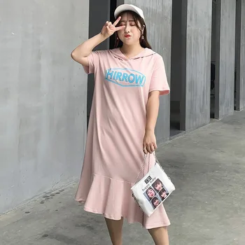 

Women's summer printed ruffled hooded dress plus size knee length casual dress 100 kg can be worn
