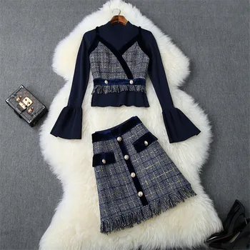 

Brand New Fashion Fall Winter Skirts Suit Set Women 2019 Flare Sleeve Knit Top Plaid Tassel Tweed Woolen Skirt 3Pcs Clothes Set