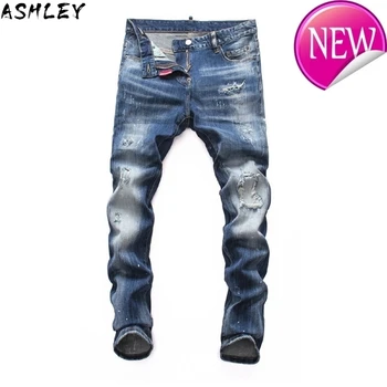 

Style Fashion Italian Men Jeans Retro Blue Spliced Paint Slim Ripped Jeans Men Punk Pants Streetwear Hip Hop Biker Jeans Homme