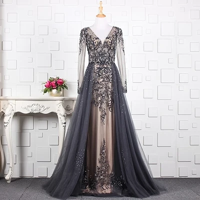 as photo grey YY071 красное вечернее платье с длинным рукавом и v-образным вырезом на молнии сзади темно-синее торжественное платье vestido de fiesta largos de noche elegante - Цвет: as photo grey