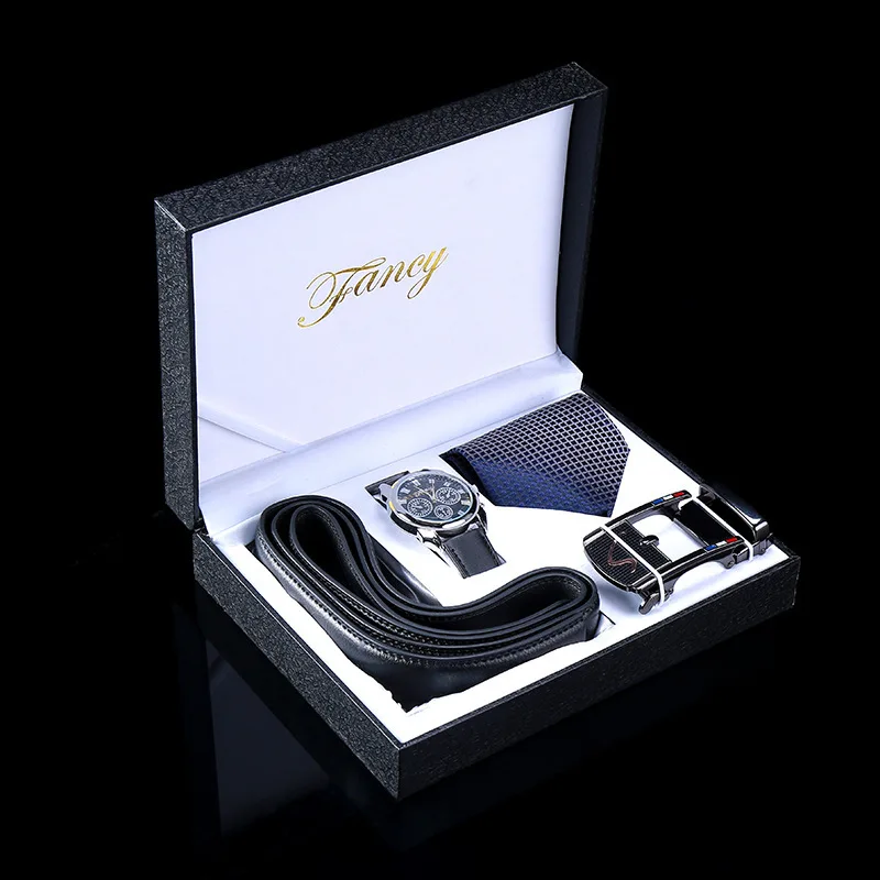 

3 Pieces Watch Gift Set Men Genuine Leather Automatic Buckle Leather Belt + Watch + Tie Gift Gift