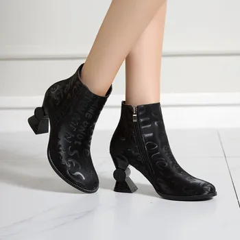 

OLOMLB Womens Pointy Toe Words Letters Printed Mixed Colors Ankle Boots Strange High Heel Shoes Warm Winter 2Colors Plus Size